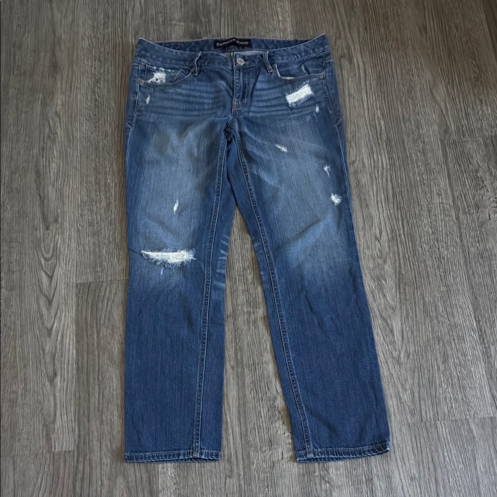 Express Blue Straight Leg Jeans with Subtle Distressing